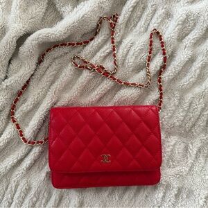 Chanel Red Quilted Leather Chain Bag- red Xavier quilted on chain / AUTHENTIC